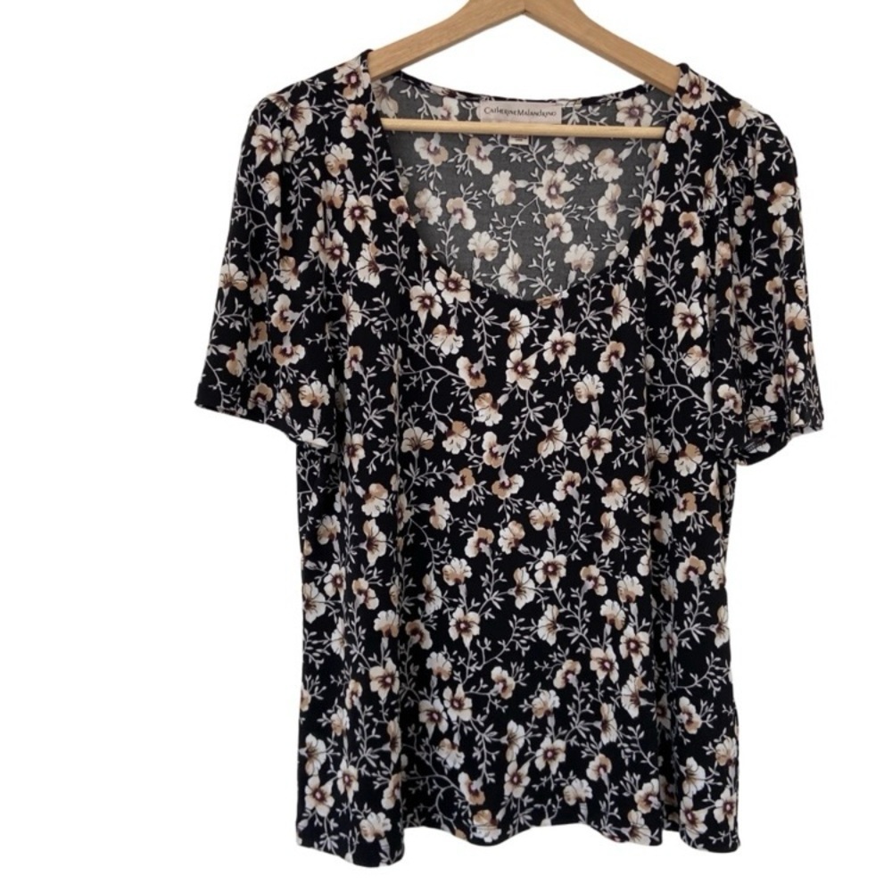 CATHERINE MALANDRINO BLACK/WHITE/BEIGE FLORAL JERSEY SHORT SLEEVED TOP, X-LARGE